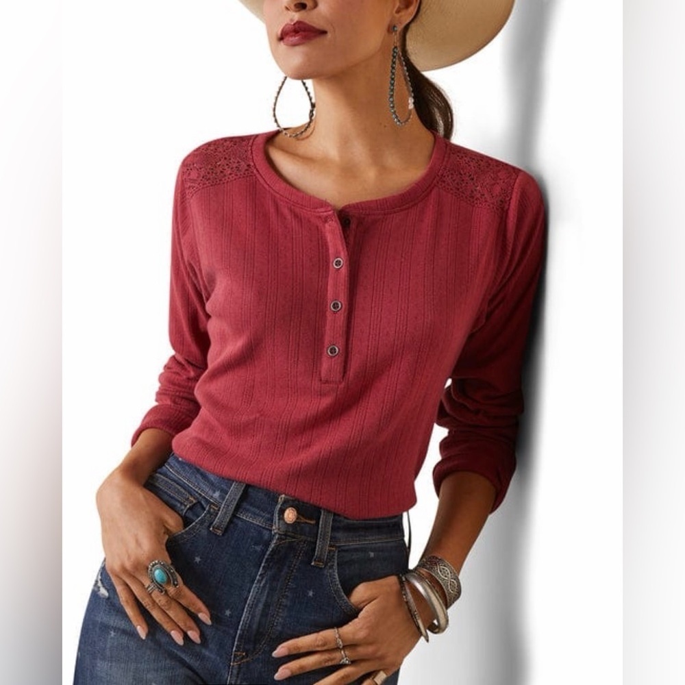 Ariat Women's Pointelle Earth Red Long Sleeve Henley Top Lace Women’s Sz Large